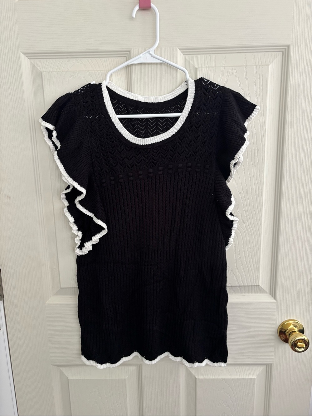 Black Knit Ruffle Sleeve Top with White Trim